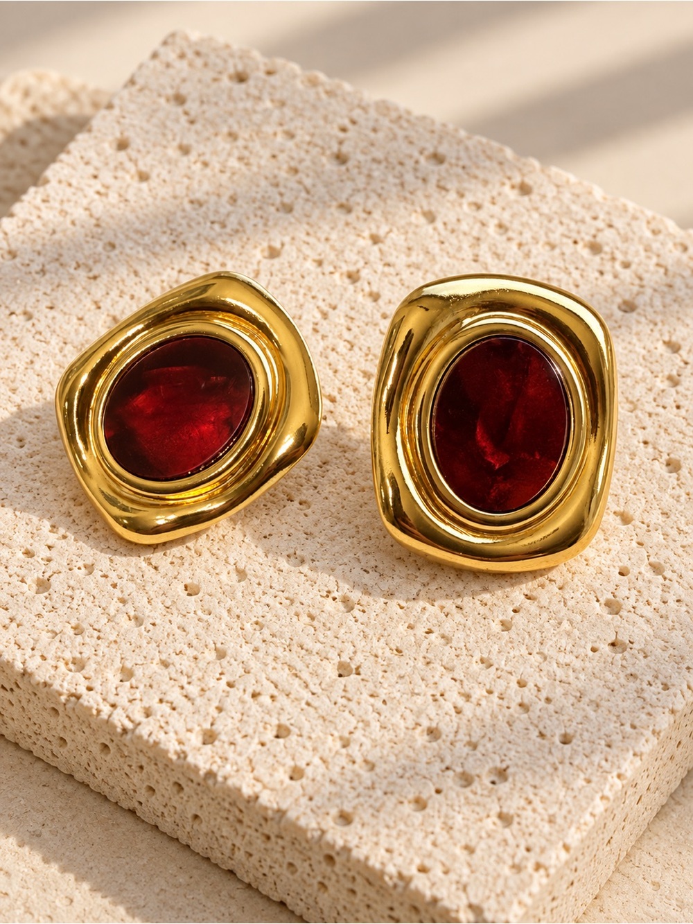 Gold-Plated Earrings with Deep Red Cabochon Accent